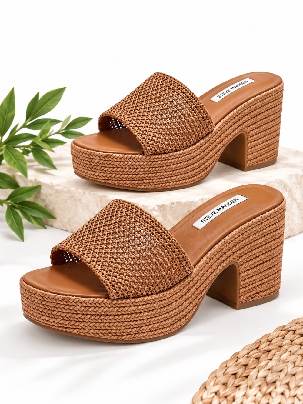 Steve Madden Trippy Brown Raffia Platform Block Heel Slide Sandals Size 10